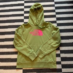 The North Face Green Hoodie with Pink Logo